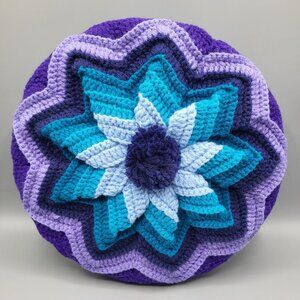Vtg Crochet Round Granny Throw Pillow Navy Blue Purple Yarn Ruffled Handmade